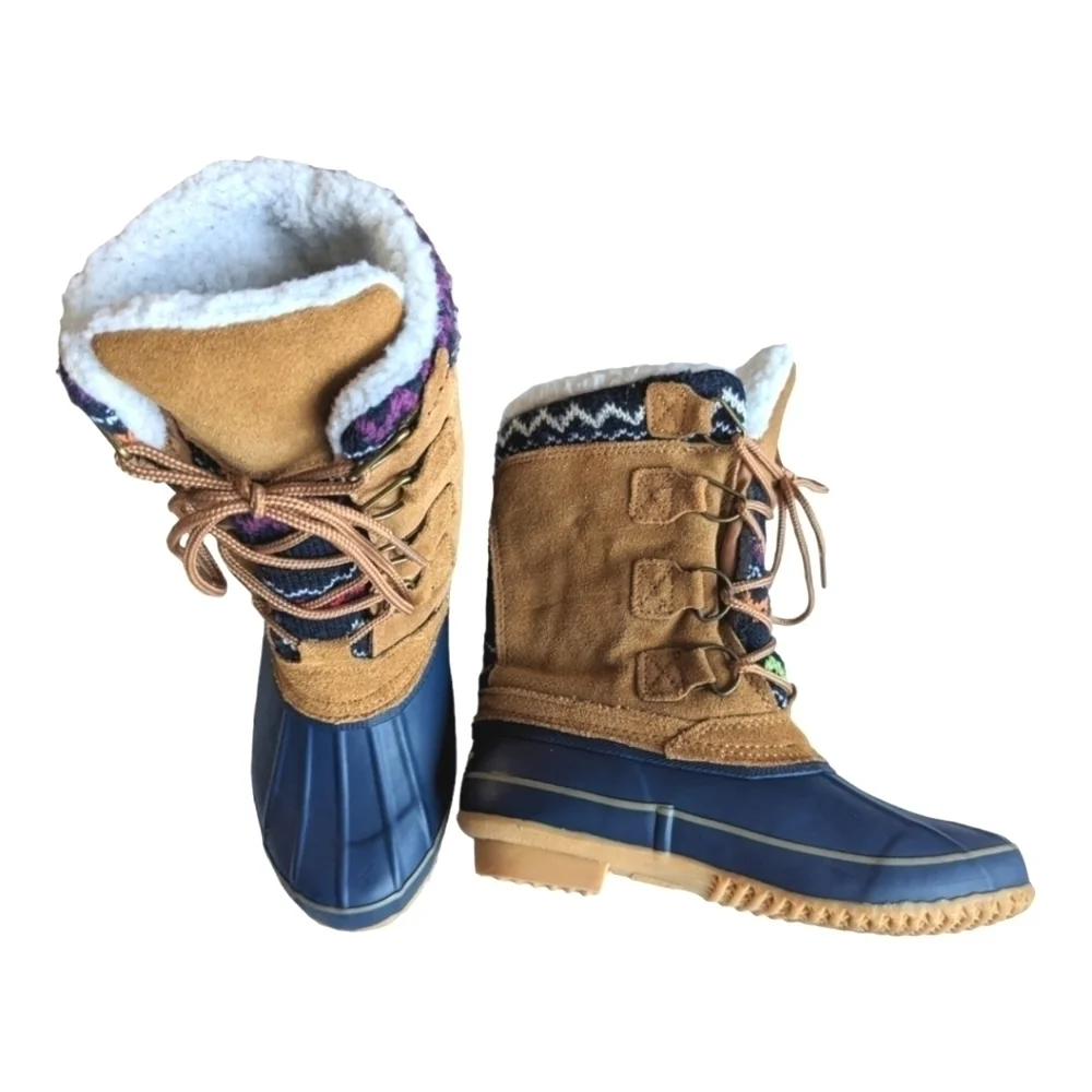Khombu Vail Women's Blue Rubber Tan Suede Snow Duck Boots Colorful Knit Accent 6